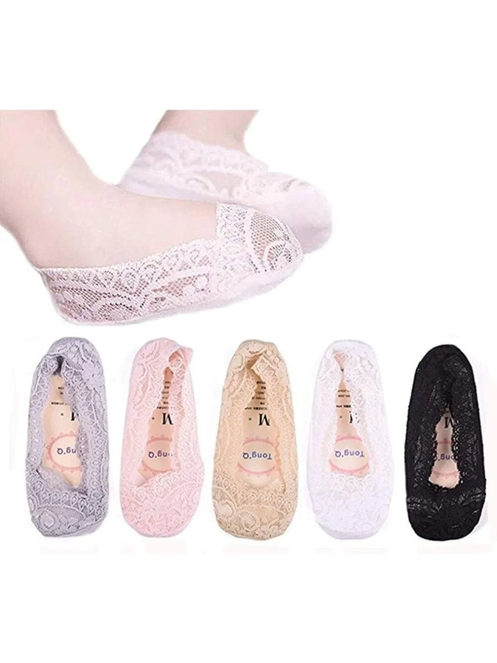 5 Pairs Toddler Girls Lace No Show Socks - Anti-Slip Low Cut Cotton Liners